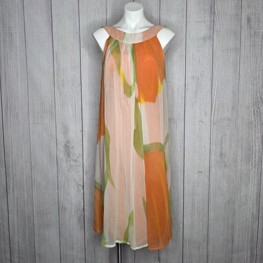 VTG Joseph Magnin Silk Chiffon Floral Watercolour Dress 60s 70s Mod, S/M